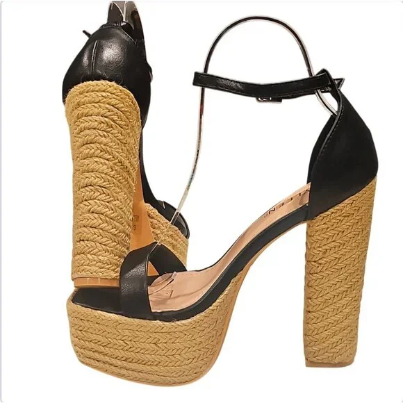 Black Platform High Heel Sandals With Woven Straw Sole & Ankle Strap Heel Chic - Picture 5 of 9